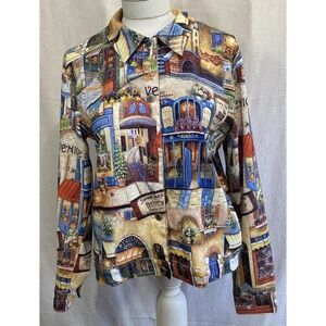 Impulse California Art Jacket Venice Café Boho‎ Travel Print Button Front USA